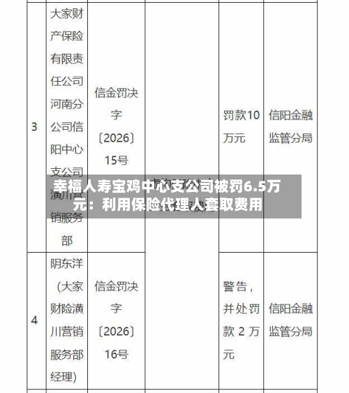 幸福人寿宝鸡中心支公司被罚6.5万元:利用保险代理人套取费用