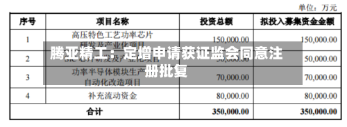 腾亚精工:定增申请获证监会同意注册批复